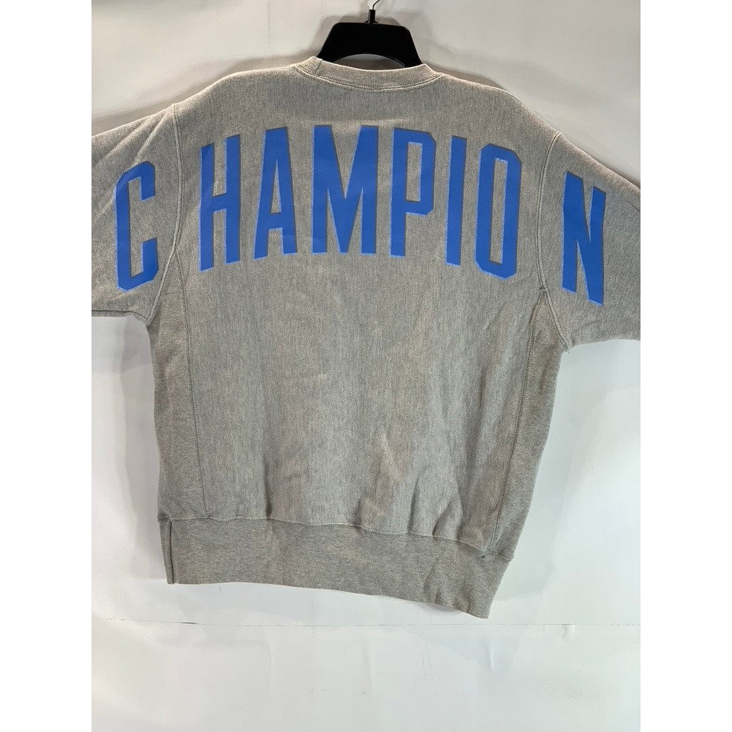 CHAMPION Reverse Weave Men's Gray/Blue Crewneck Large Logo Sweatshirt SZ M