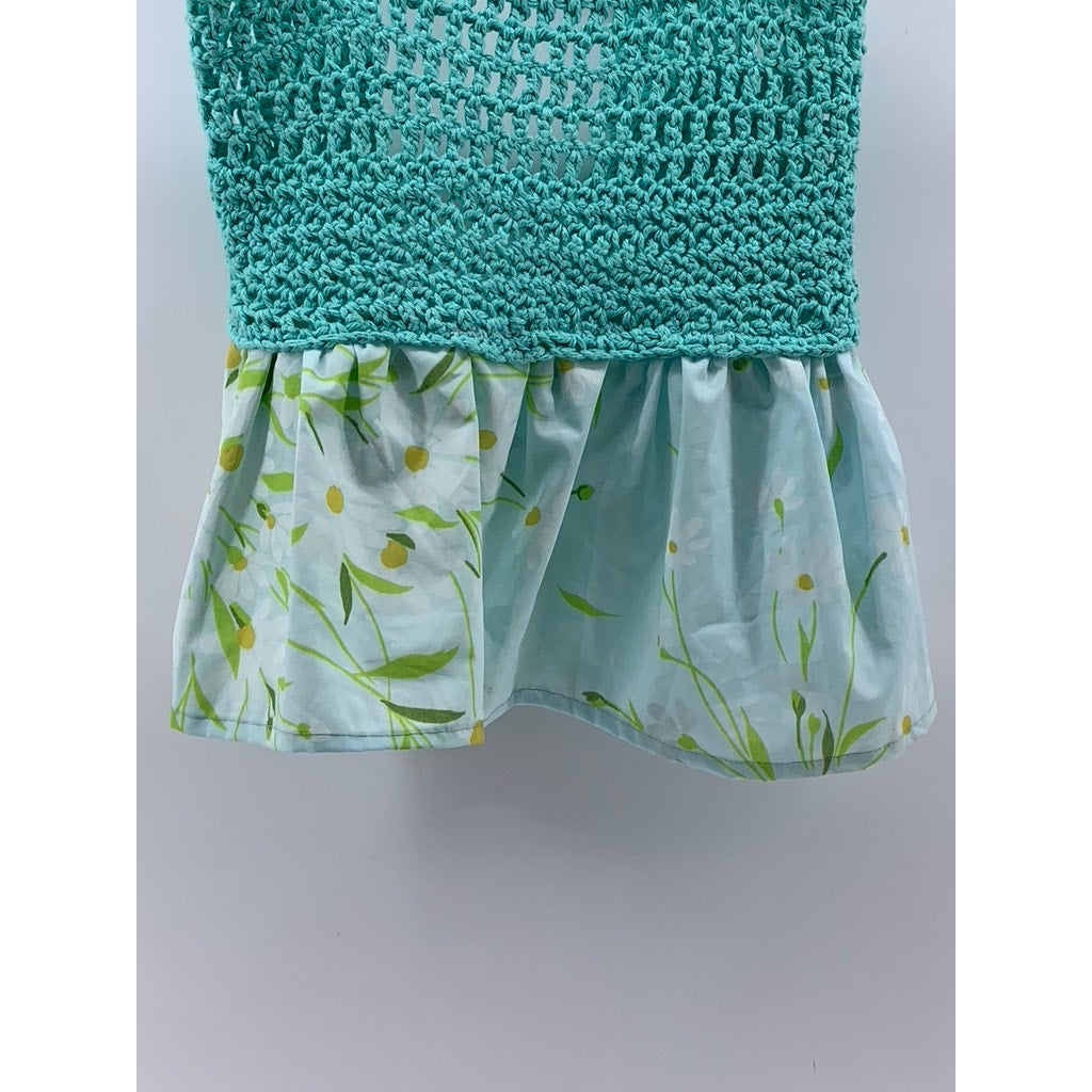UNBRANDED Women's Blue Floral Scoop-Neck Crochet Knit Handmade Ruffle Top SZ S