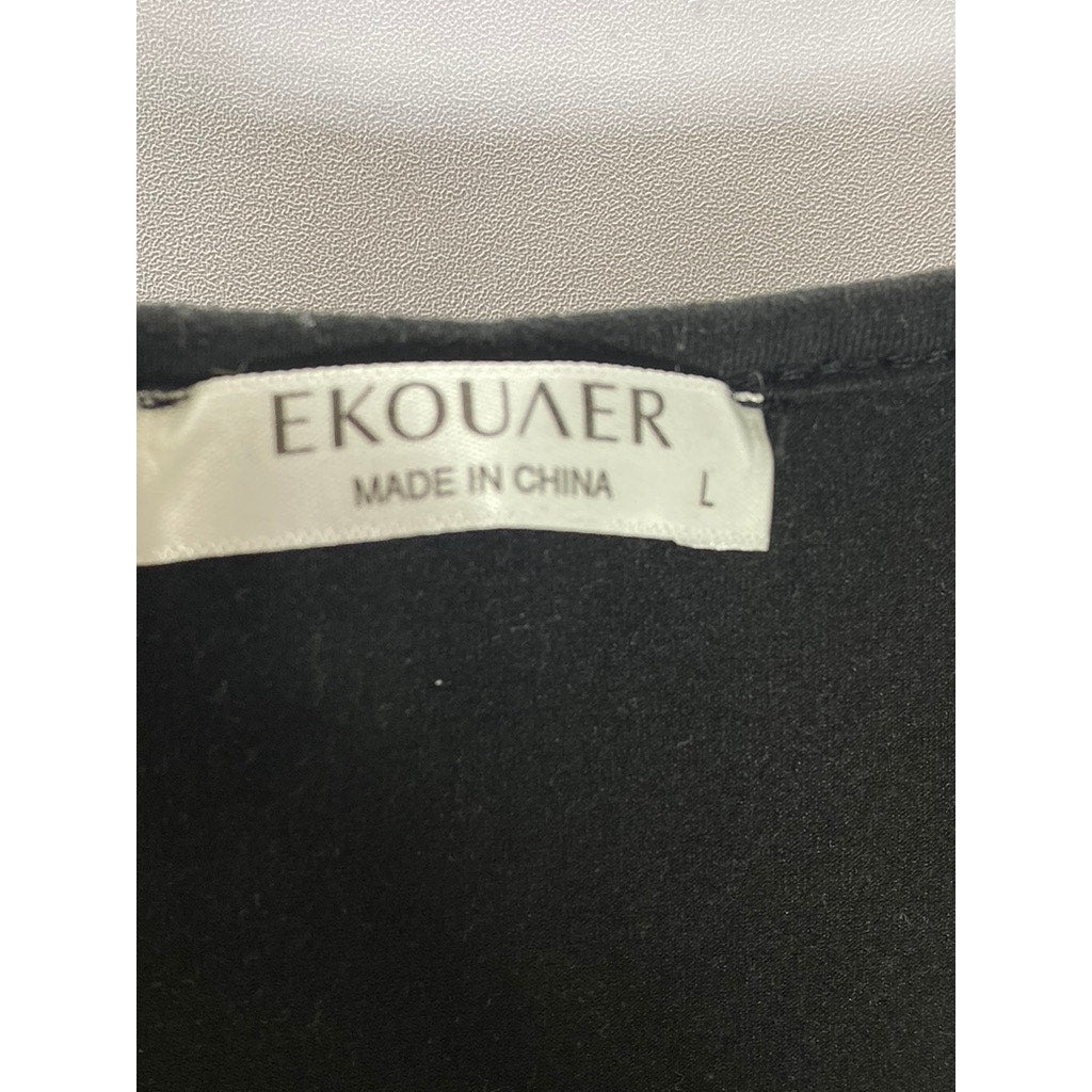 EKOUAER Women's Black Solid Scoop-Neck button-Up Short Sleeve Casual Dress L