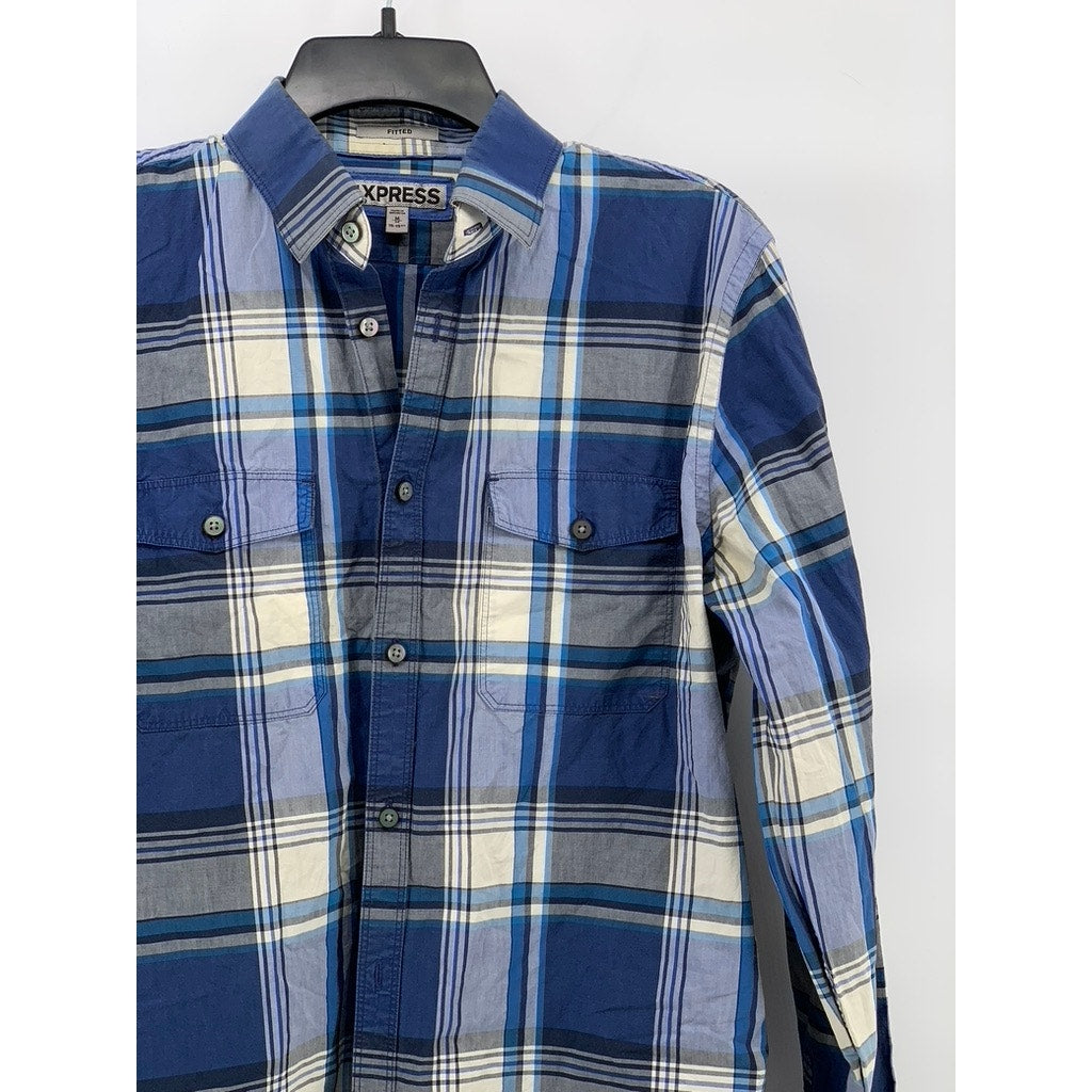EXPRESS Men's Blue-White Plaid Fitted Cotton Button-Up Long Sleeve Shirt SZ M