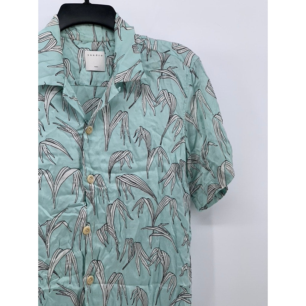 SANDRO PARIS Men's Light Blue-White Leaf Print Button-Up Casual Shirt SZ M