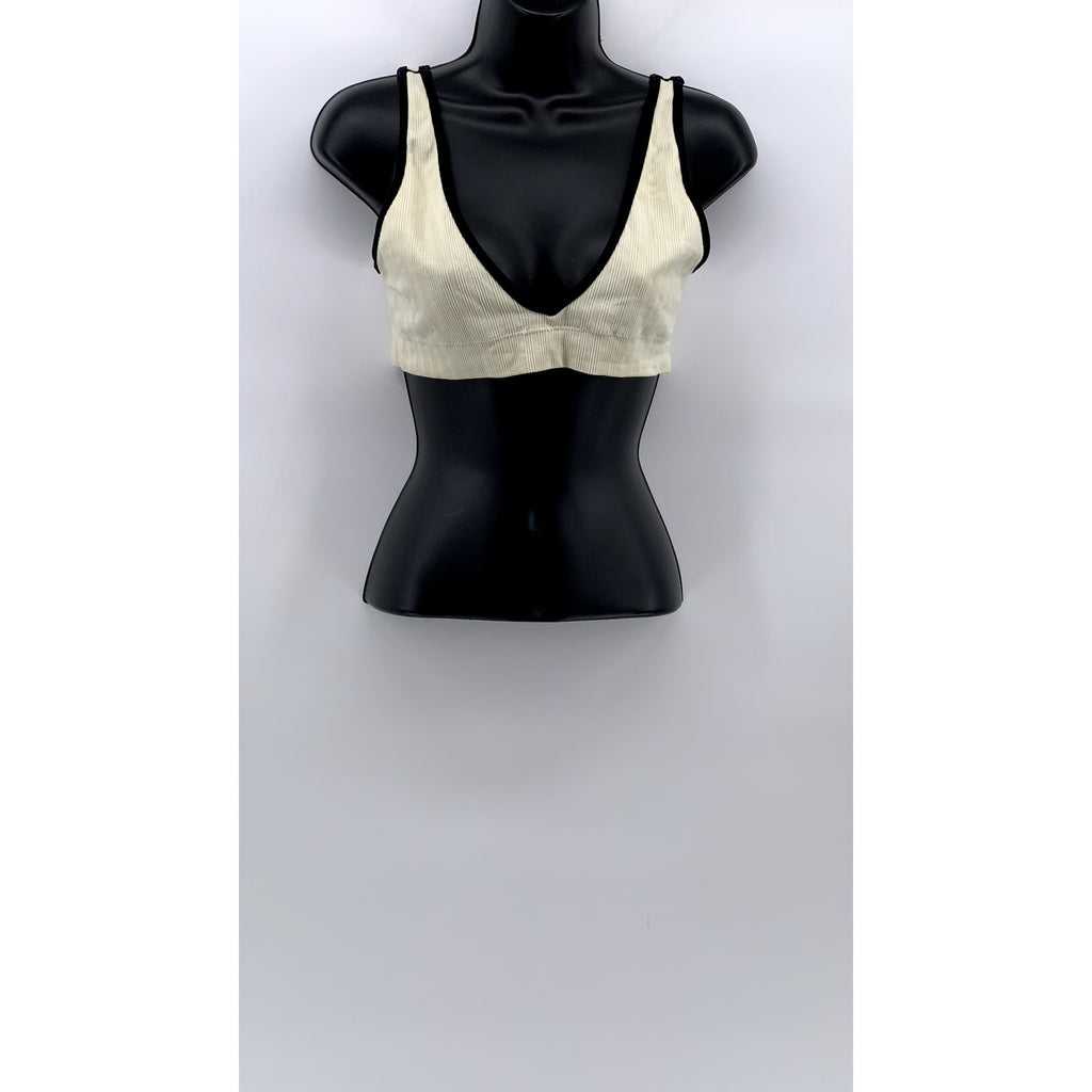 UNBRANDED Women's Cream-Black Ribbed V-Neck Sports Bra SZ L