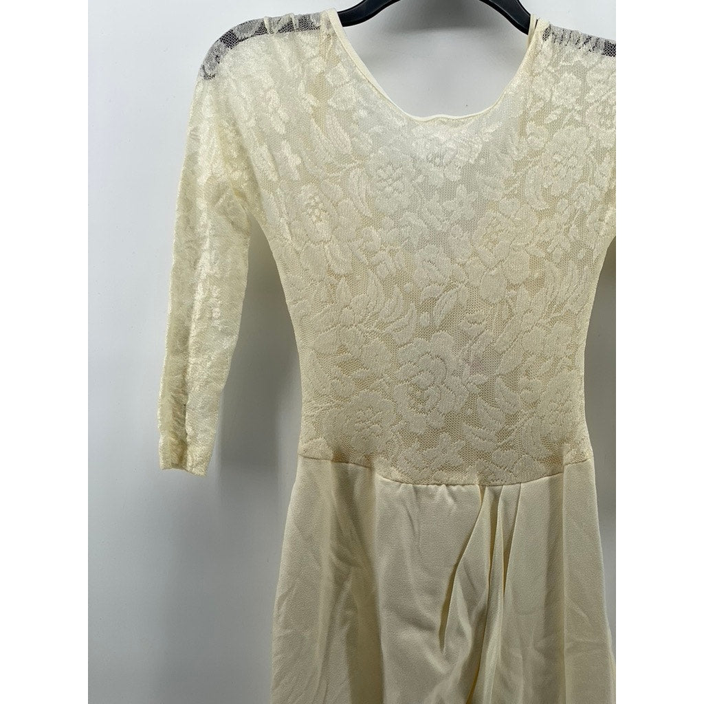 EXPO Women's Petite Ivory Crewneck Lace Long Sleeve Pleated Midi Dress SZ 6