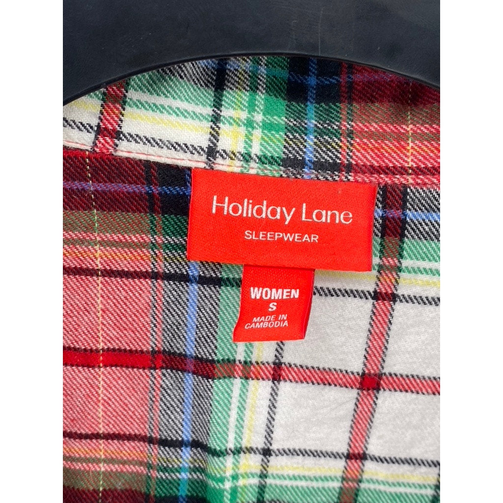 HOLIDAY LANE Women's Green-Red-White Plaid Flannel Button-Up Pajama Top SZ S