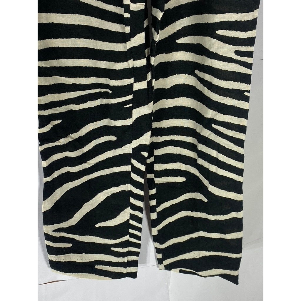H&M Women's Black-White Zebra Linen-Blend High-Rise Belted Paper-Bag Pant SZ 4