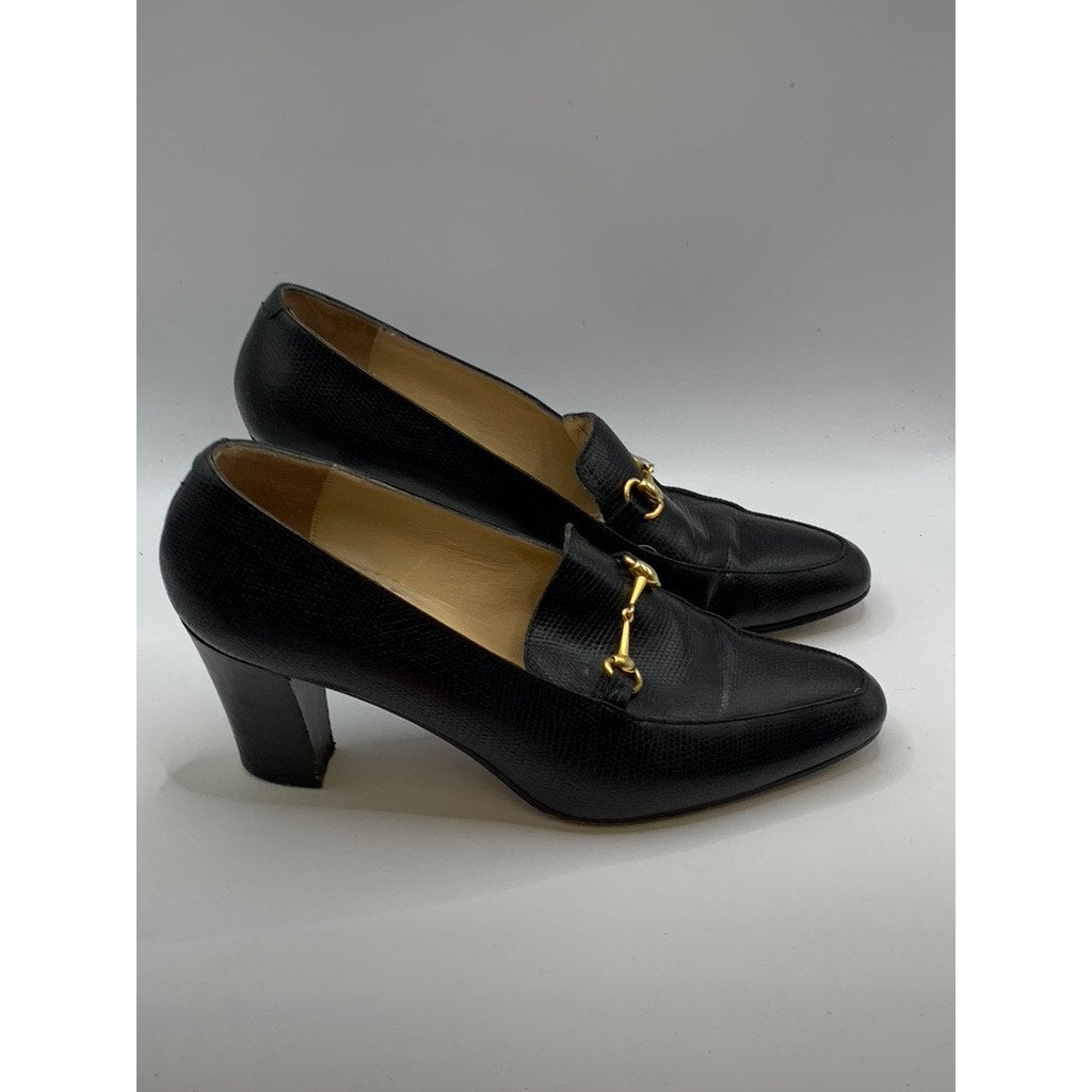 ANN TAYLOR Women's Black Textured Leather Horsebit Heeled Loafers SZ 8