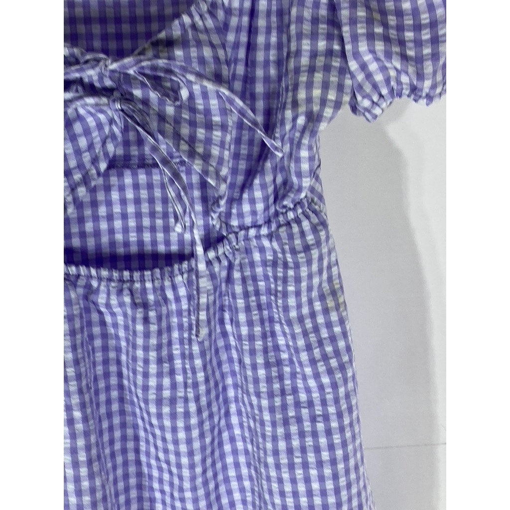 H&M Women's Purple-White Gingham Tie-Front Cutout Puff-Sleeve Mini Dress SZ XS