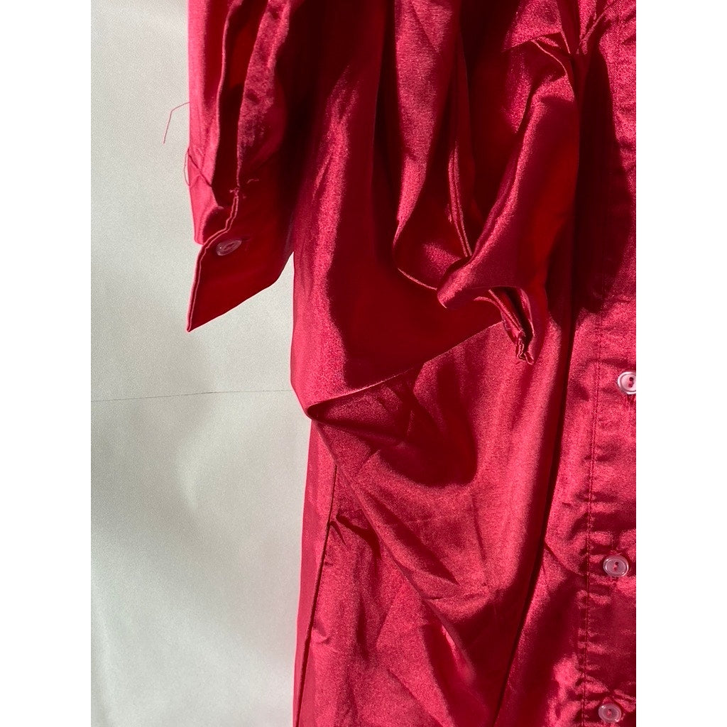 SHEIN Women's Dark Pink Satin Button-Up Long Sleeve Maxi Relaxed-Fit Dress SZ XS