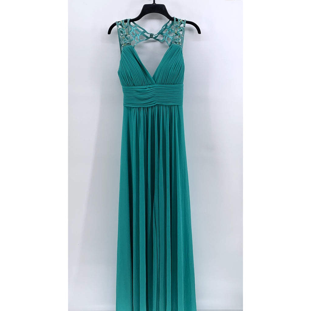 BETSY & ADAM Women's Blue Pleated Rhinestone Cutout Maxi Gown SZ 8