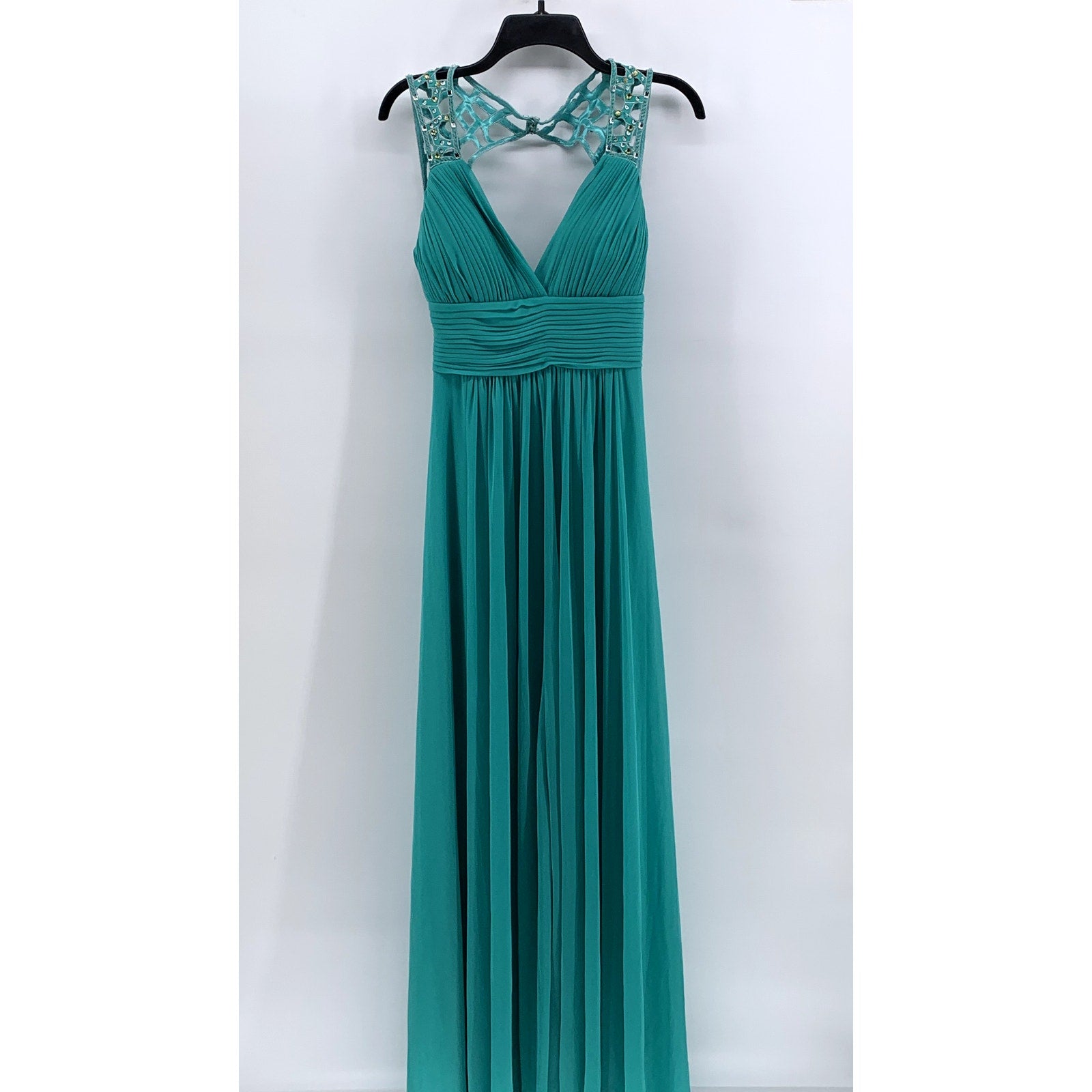 BETSY & ADAM Women's Blue Pleated Rhinestone Cutout Maxi Gown SZ 8