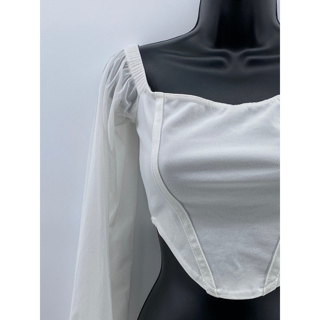 PRETTYLITTLETHING Women's White Shape Corset Sheer Long Sleeve Cropped Top SZ 2