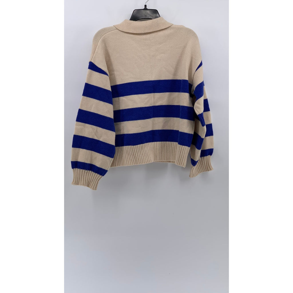 HYFVE Women's Blue-Beige Knit One-Button Lorraine Cobalt Stripe Polo Sweater SZS
