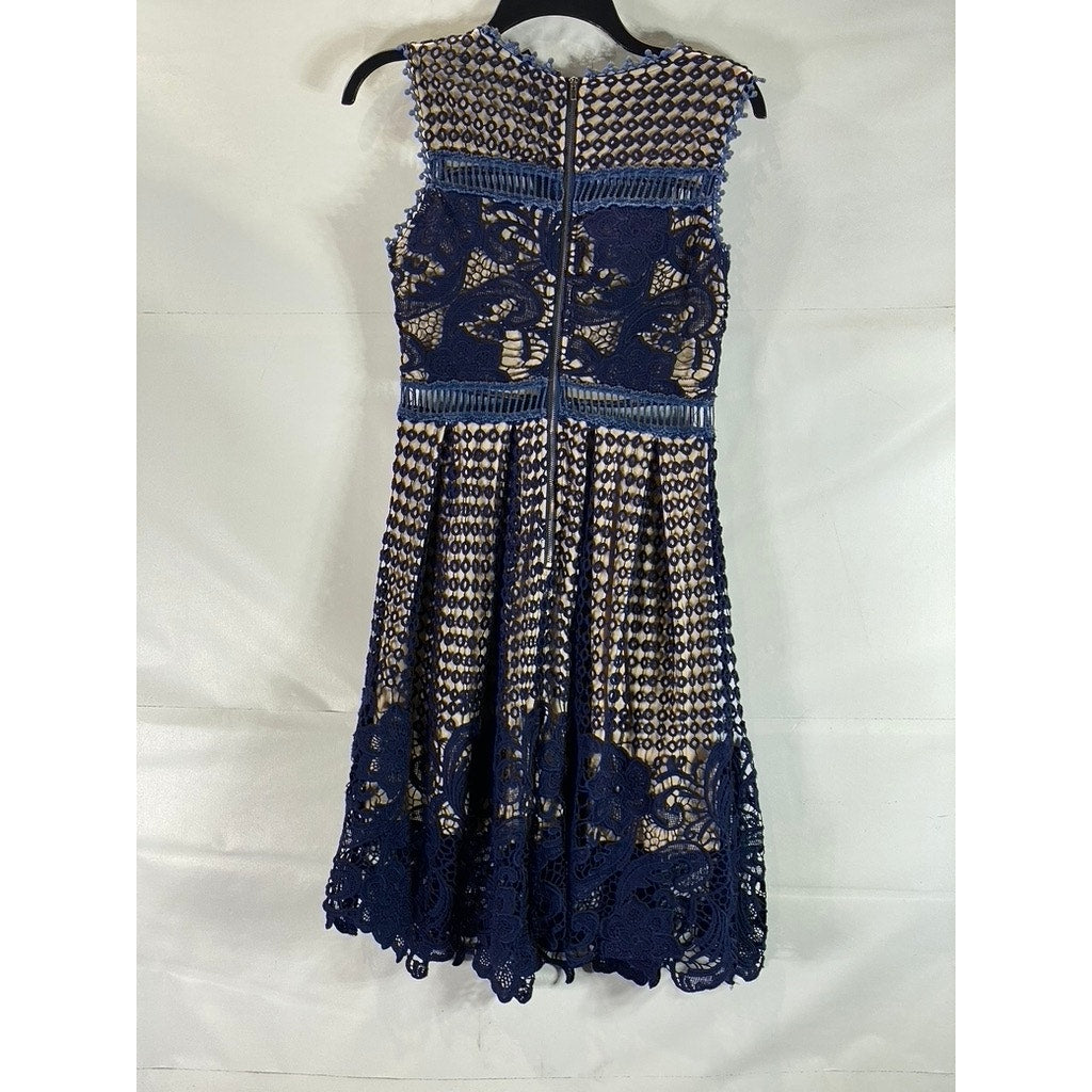 AQUA Women's Navy/Nude Eyelet Lace-Trim Sleeveless A-Line Mini Dress SZ S