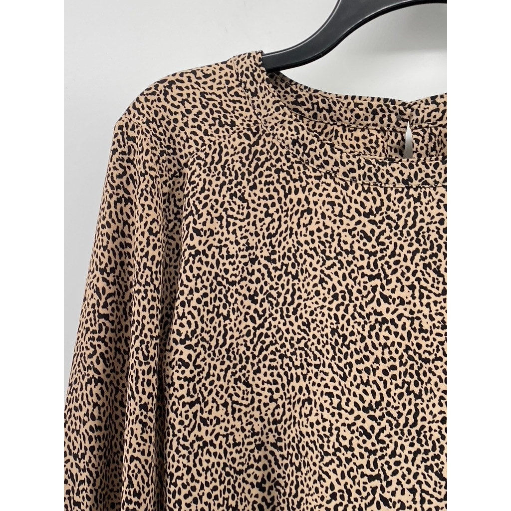 LOFT Women's Brown Animal Print Crewneck Long Sleeve Back Keyhole Top SZ M