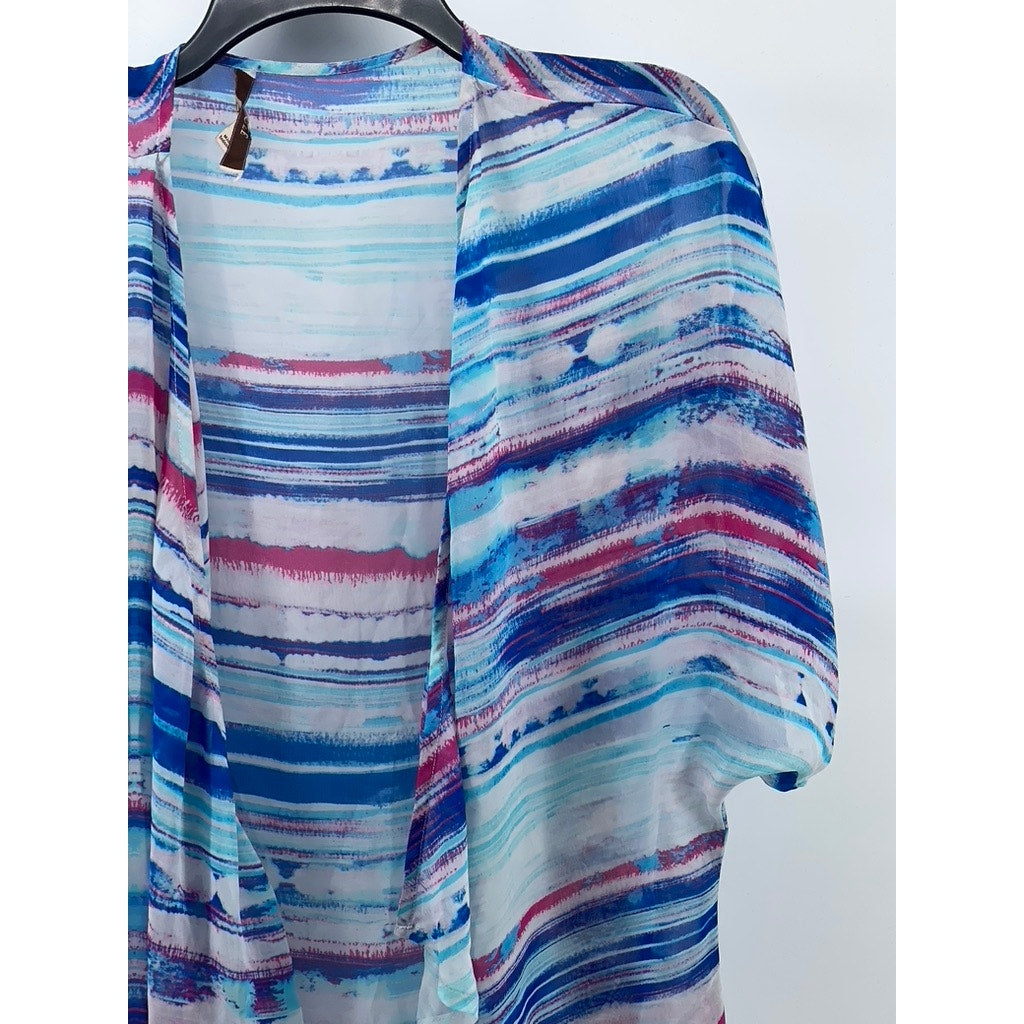 DECREE Women's Blue-Pink Sheer Short Sleeve Open-Front Shawl Cover-Up SZ S
