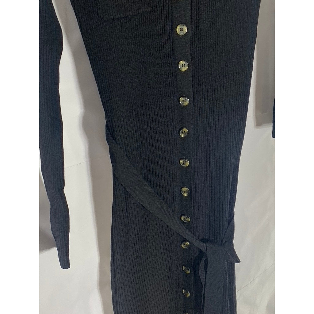 ZARA Women's Black Ribbed Flap Pocket Button-Down Belted Long Sleeve Dress SZ M