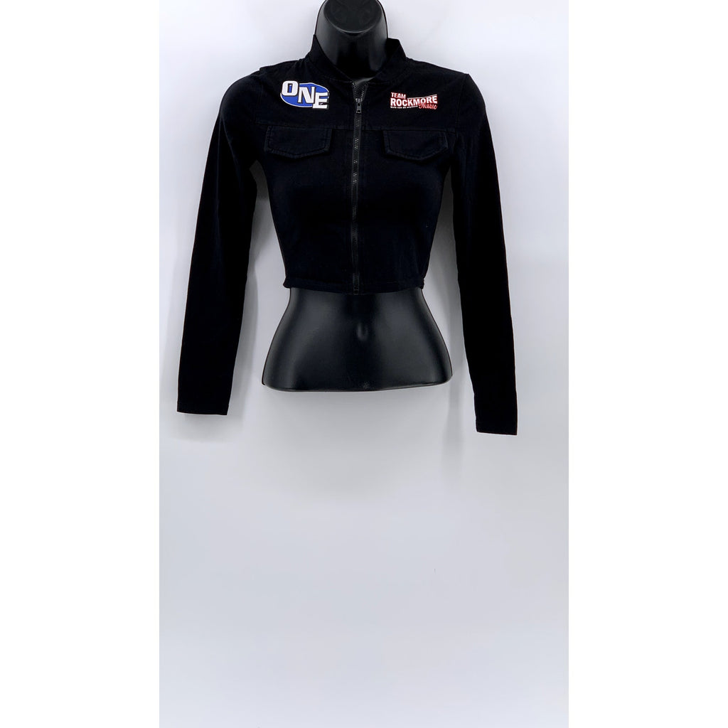 COSMIQUE STUDIO Women’s Black One Team Rockmore Zip-Up Biker Grunge Crop Top SZS