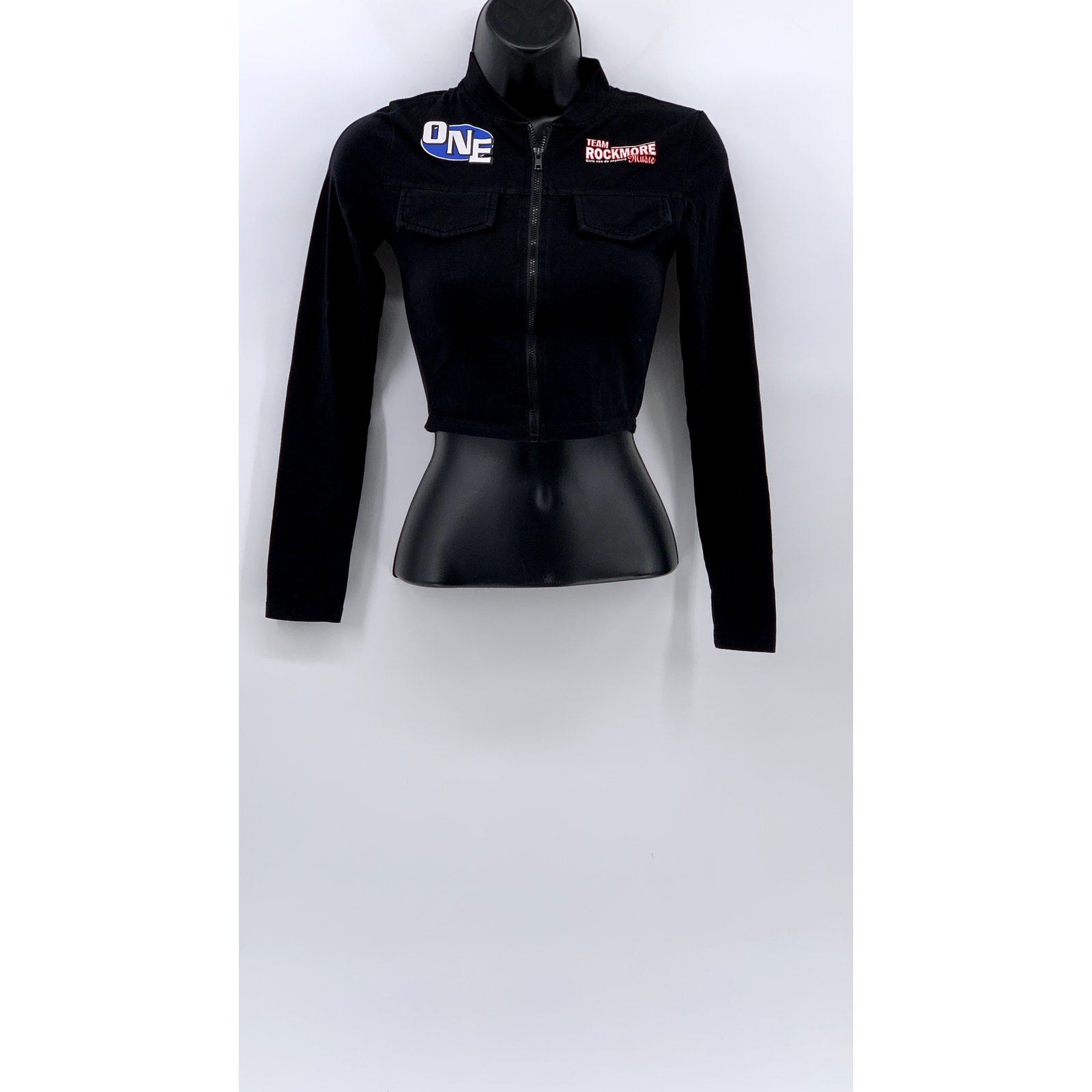 COSMIQUE STUDIO Women’s Black One Team Rockmore Zip-Up Biker Grunge Crop Top SZS