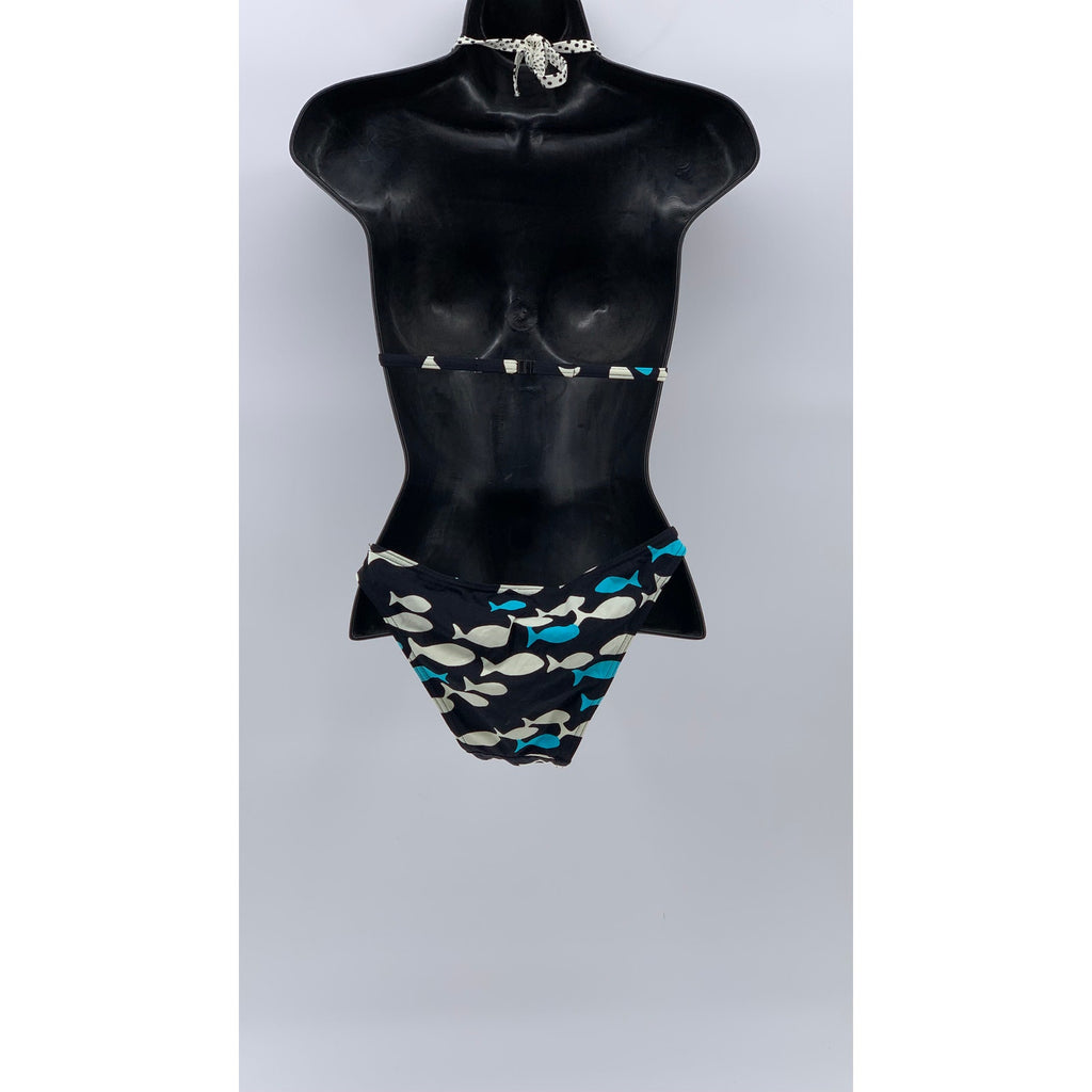 SUN & BLUE Women's Blue-Black Fish Print V-Neck 2pc Bikini SZ S