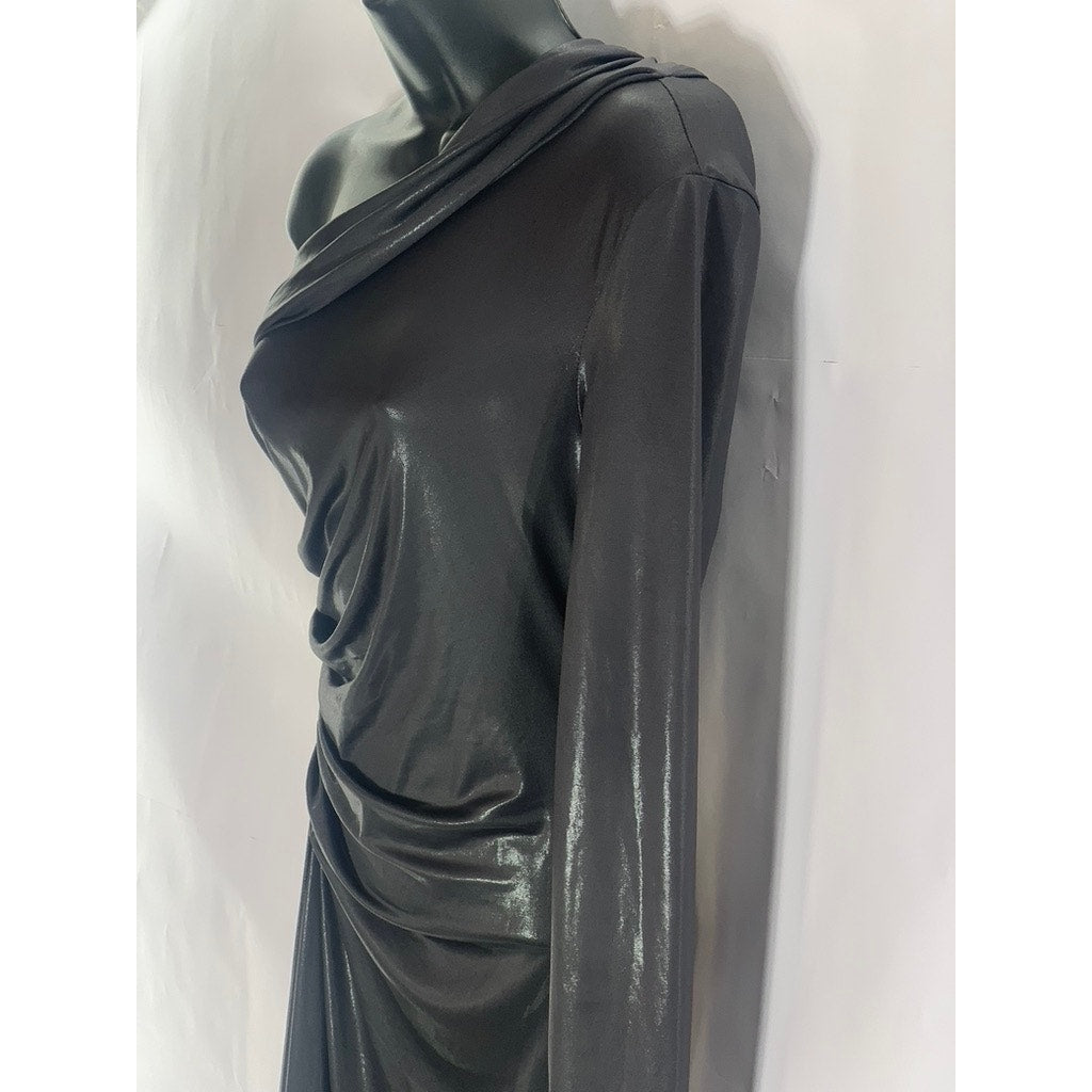 ZARA Women's Charcoal Metallic One Shoulder Long Sleeve Side Slit Maxi Dress SZS