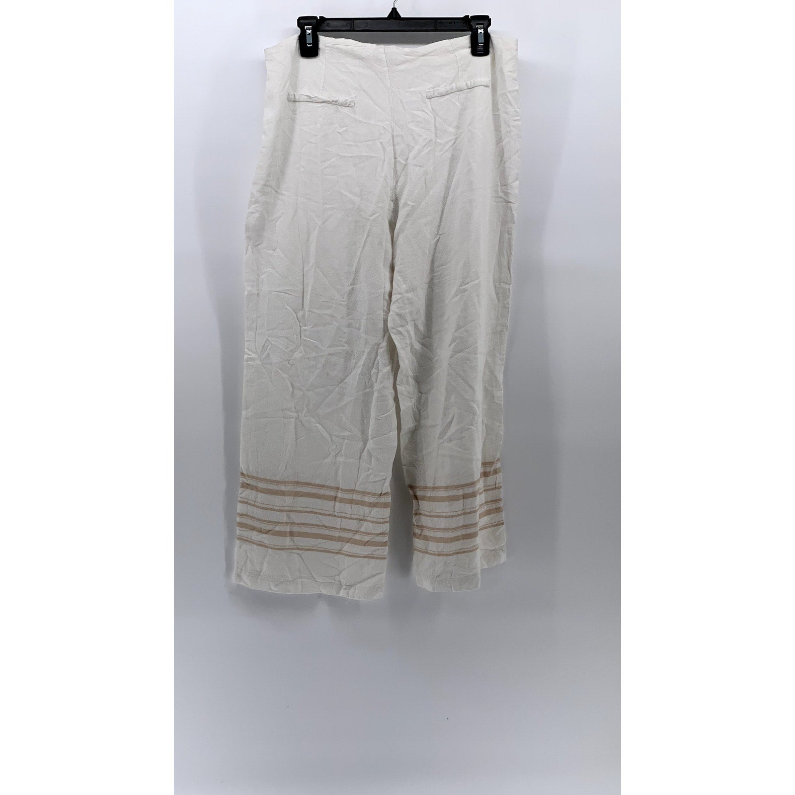 CROSBY Women's White-Tan Linen-Blend Pull-On Striped Cuff Wide-Leg Pant SZ L