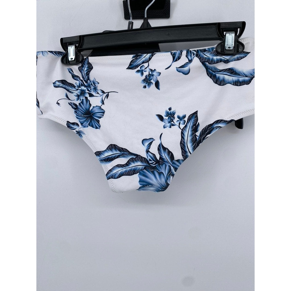 UNBRANDED Women's White-Blue Floral Print Cheeky Swim Bottom SZ L