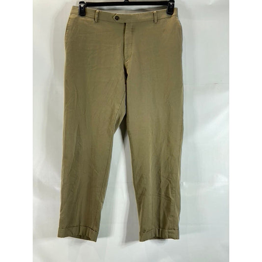 JOSEPH & FEISS Men's Tan Cuffed Flat Front Wool Dress Pants SZ 36
