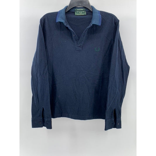 FRED PERRY Men's Navy Blue Textured Long Sleeve Polo Shirt SZ 42(L)