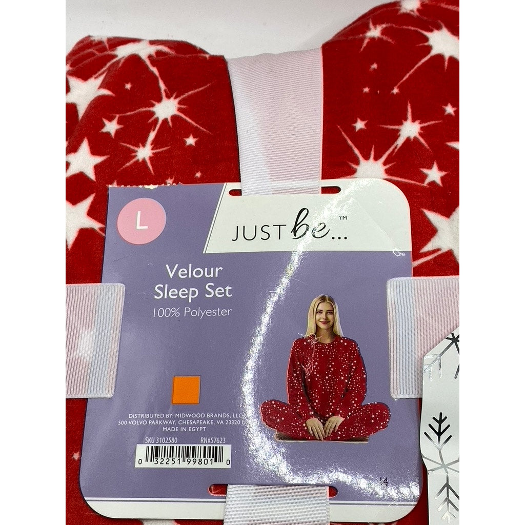JUST BE Women's Red-White Star Print Velour Crewneck 2pc Sleep Set SZ L