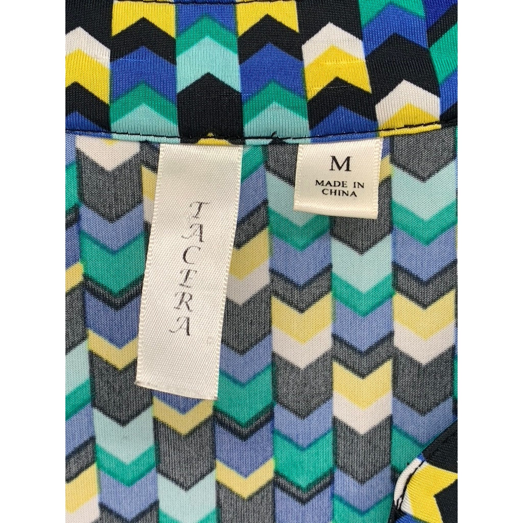 TACERA Women's Blue-Green-Yellow Printed Button-Front Long Sleeve Dress SZ M