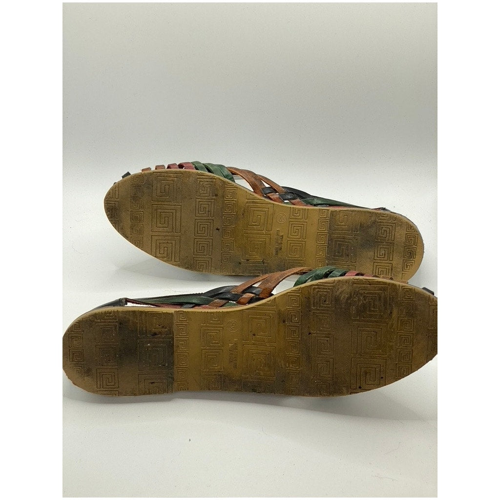 HONORS Women's Black-Multicolor Leather Strappy Round-Toe Slip-On Flats SZ 8.5