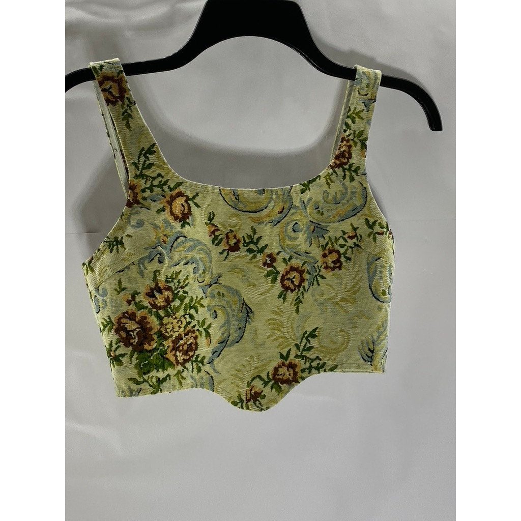 COMMENSE Women's Beige/Multi Floral "Vintage" Textured Corset Crop Top SZ XS