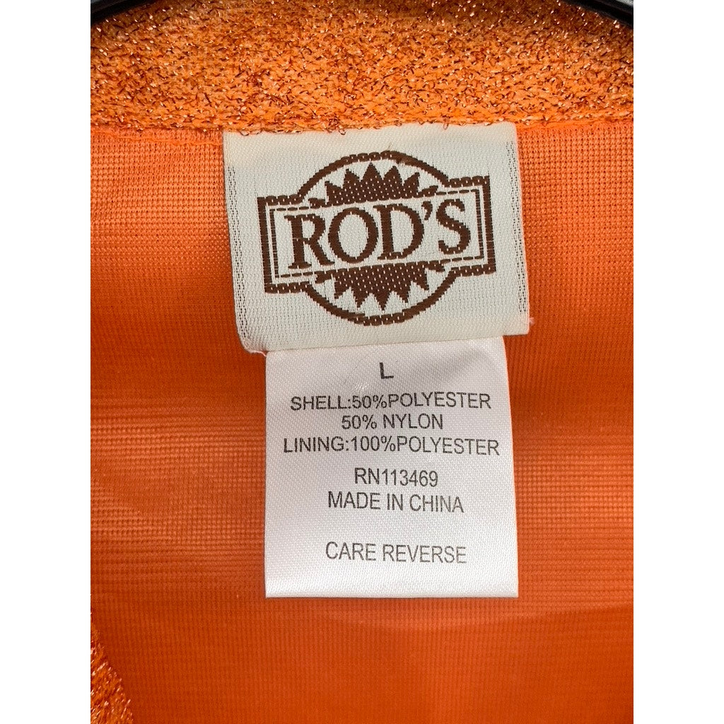 RODS Women's Orange-White Metallic Rhinestone Lightweight Zip-Up Top SZ L