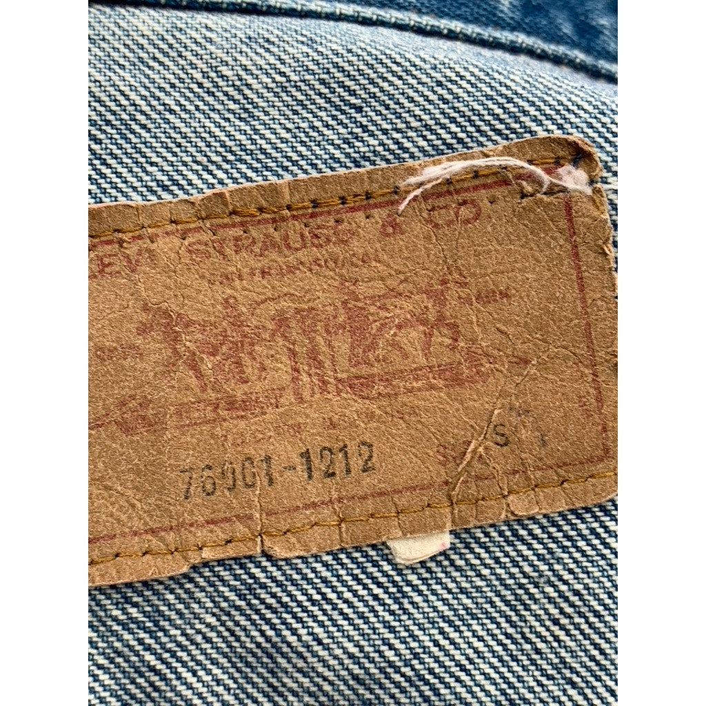 LEVI'S Women's Denim Blue Patchwork Button-Up Long Sleeve Trucker Jacket SZ S