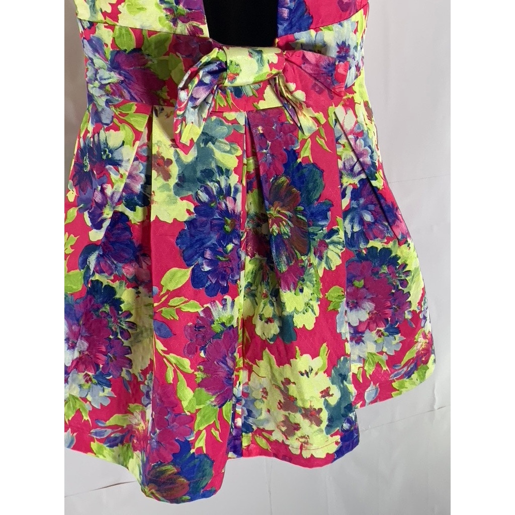 LUXXEL Women's Multicolor Floral Print V-Neck Back-Bow Pleated Mini Dress SZ L
