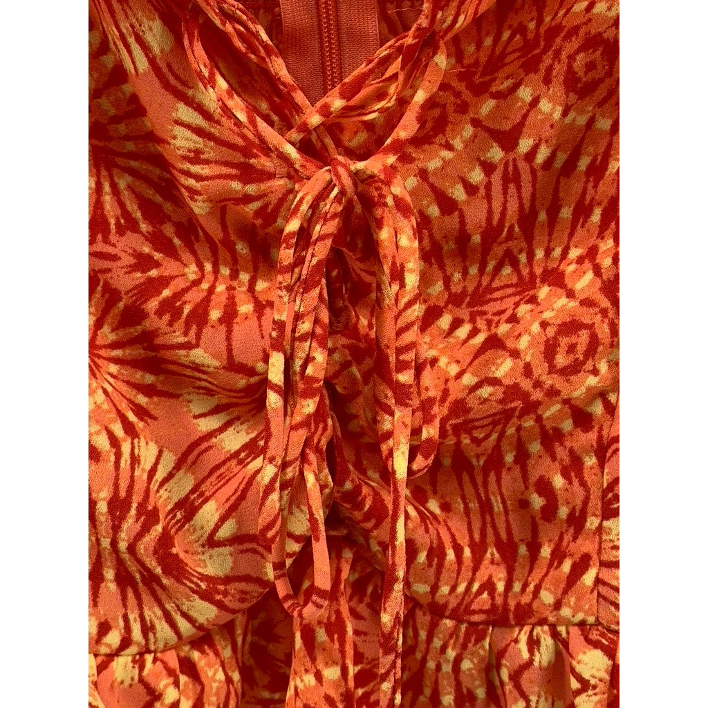 AQUA Women's Orange Printed Lace-Up Short Puff Sleeve Smocked Crop Top SZ XS