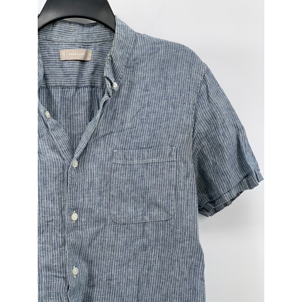 EVERLANE Men's Blue-White Micro Striped Linen Button-Up Short Sleeve Shirt SZ M