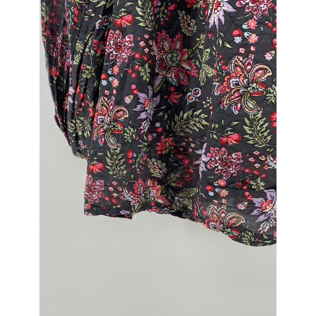 LOFT Women's Black Floral Print Ruffle-Hem Tie-Neck Long Sleeve Top SZ M