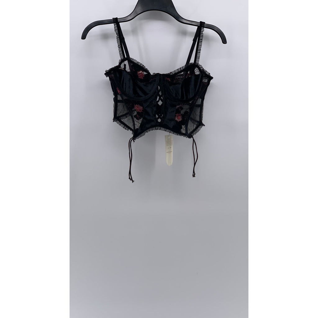 FOR LOVE AND LEMONS Women's Black Mesh-Velour Sweetheart Goth Crop Top SZ M