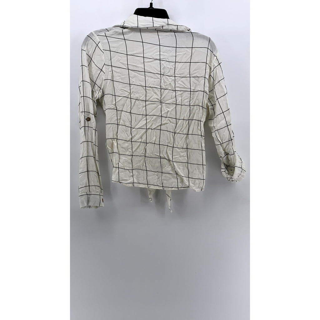 LOVE NOTES Women's White-Black Windowpane Tie-Front Button-Up Top SZ M