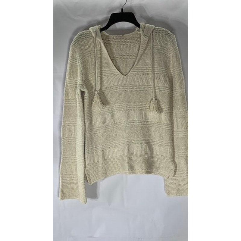 FAHERTY Women's Beige Crochet Knit V-Neck Poppy Pullover Hoodie SZ XS