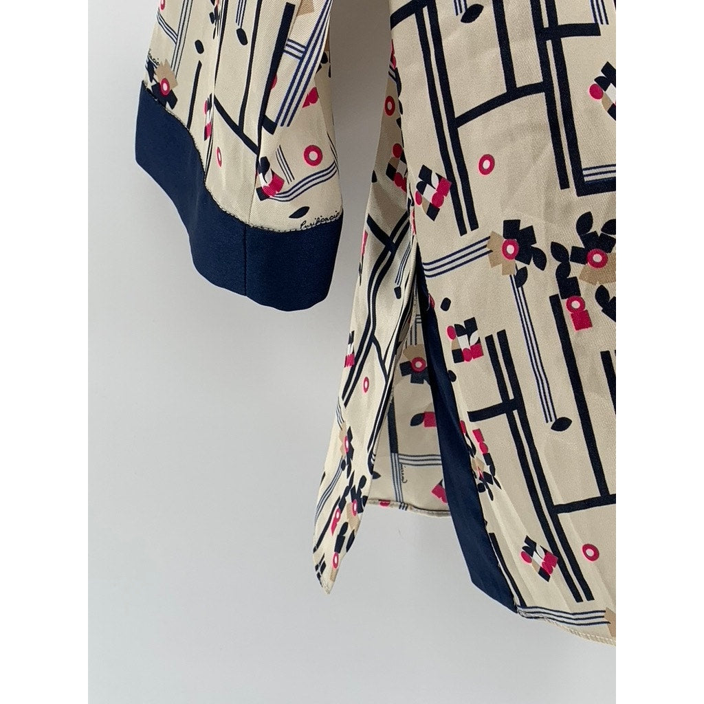 PURIFICACION GARCIA Women's Beige-Navy Printed Split-Neck Blouse SZ 38(US-S)