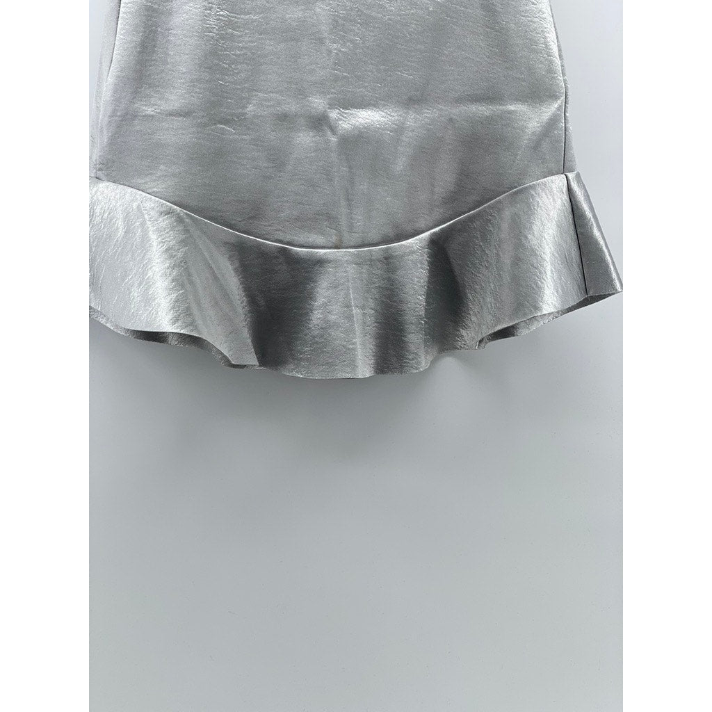 H&M Women's Silver Metallic Ruffle-Hem Mini Skirt SZ 6