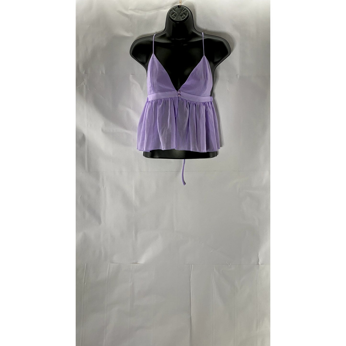 SHEIN Women's Purple Two-Button Sheer Ruffle-Hem V-Neck Spaghetti Strap Top SZ L