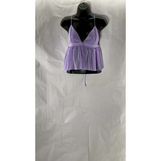SHEIN Women's Purple Two-Button Sheer Ruffle-Hem V-Neck Spaghetti Strap Top SZ L