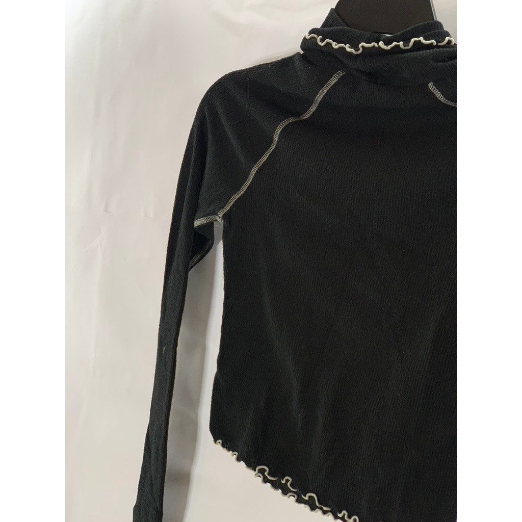 OUT FROM UNDER Women's Black/Beige Lettuce-Trim Waffle Knit Mock-Neck Top SZ S