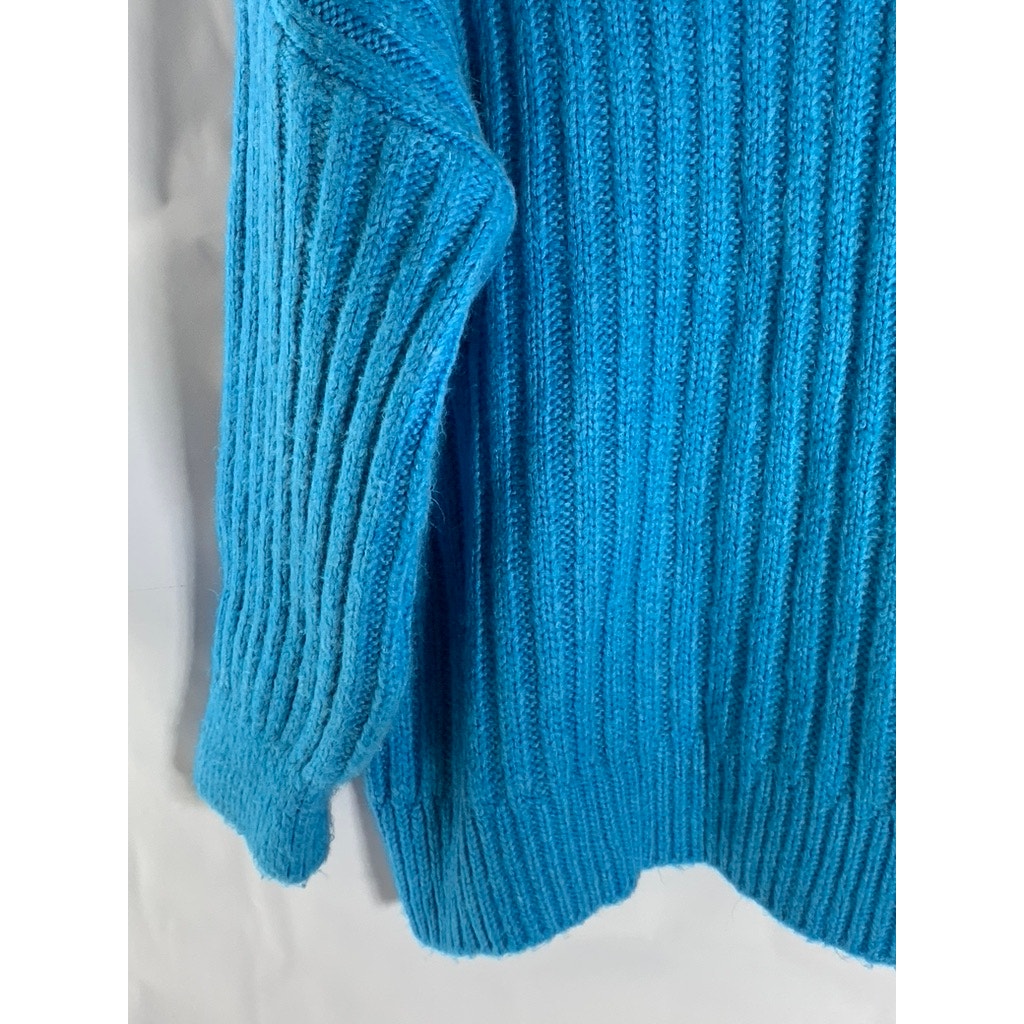 MANGO Women's Blue Ribbed V-Neck Button-Up Oversized Long Sleeve Cardigan SZ M