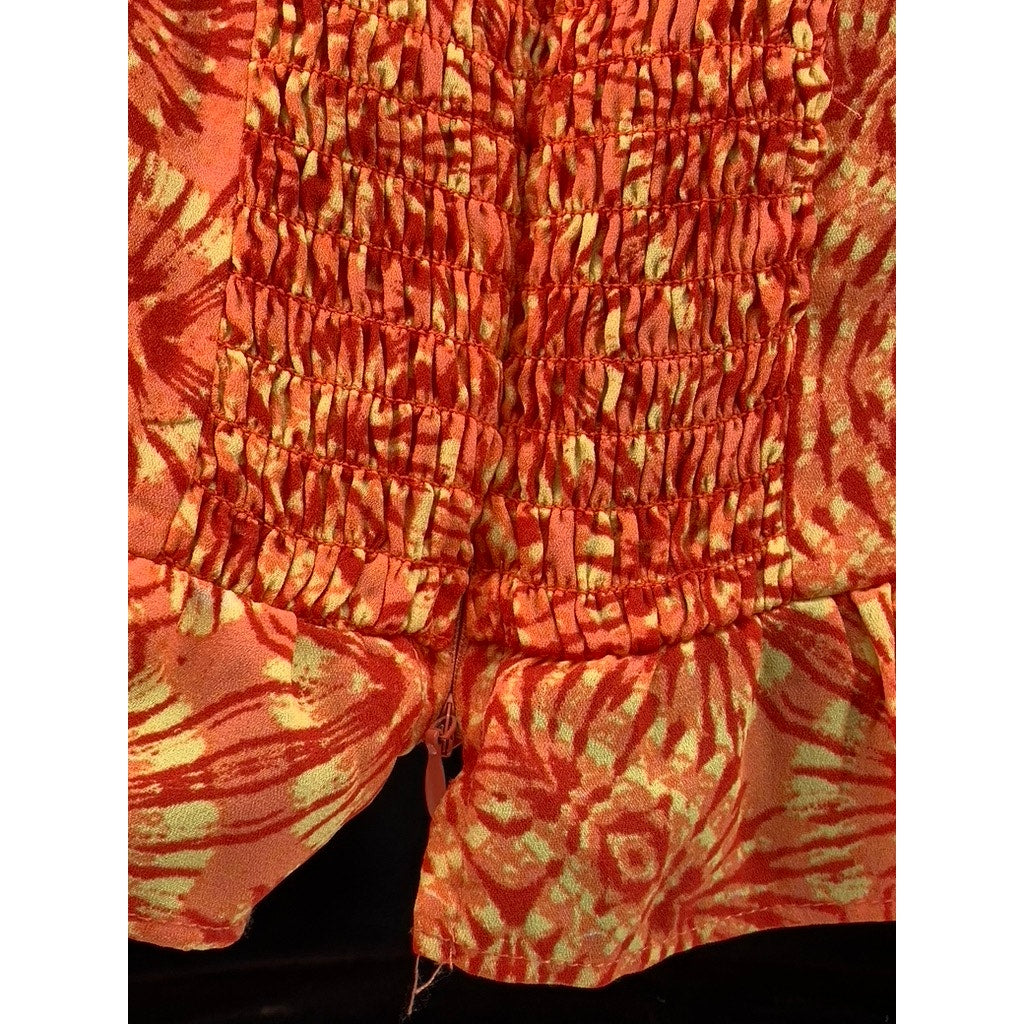 AQUA Women's Orange Printed Lace-Up Short Puff Sleeve Smocked Crop Top SZ XS
