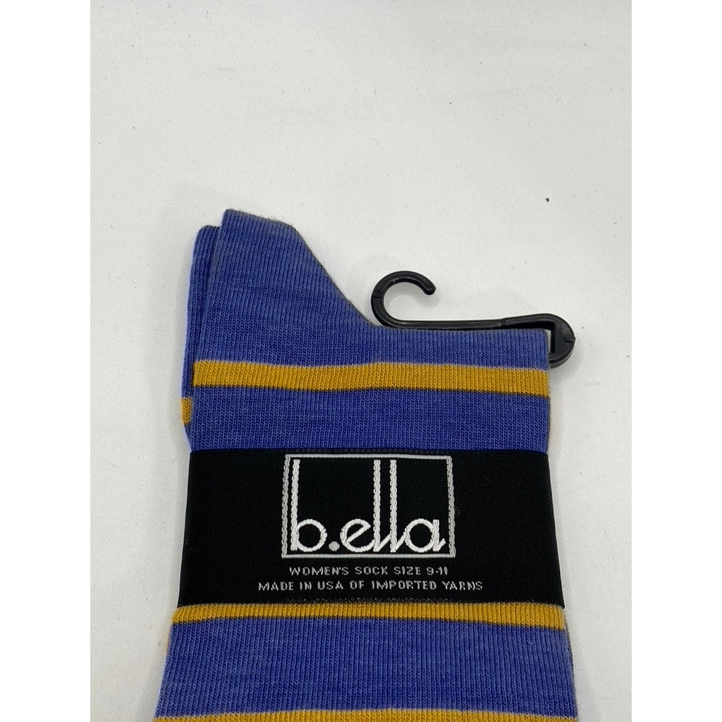 B.ELLA Women's Denim Blue-Gold Striped Knit Cotton-Blend Taryn Crew Socks SZ OS