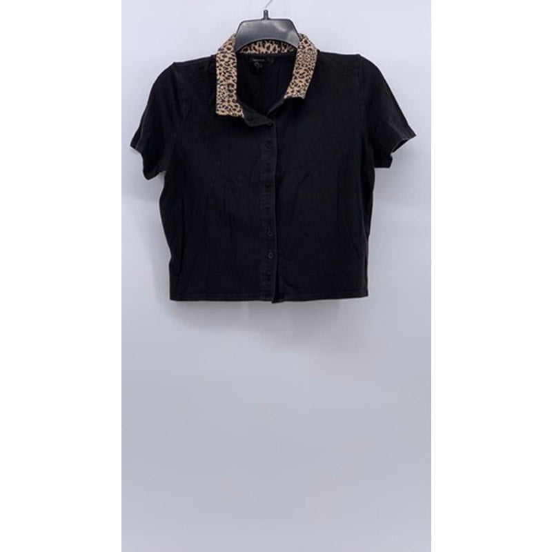 FOREVER 21 Women’s Black Animal Print Button-Up Crop Top SZ S